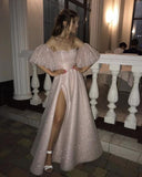 Bling Sequin Prom Dresses Puffy Sleeves Leg Split,Formal dress