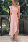 Asymmetric Flounced Pink Prom Dresses One-shoulder