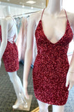 Glitter Red Sequin V Neck Short Homecoming Dresses Prom Dress
