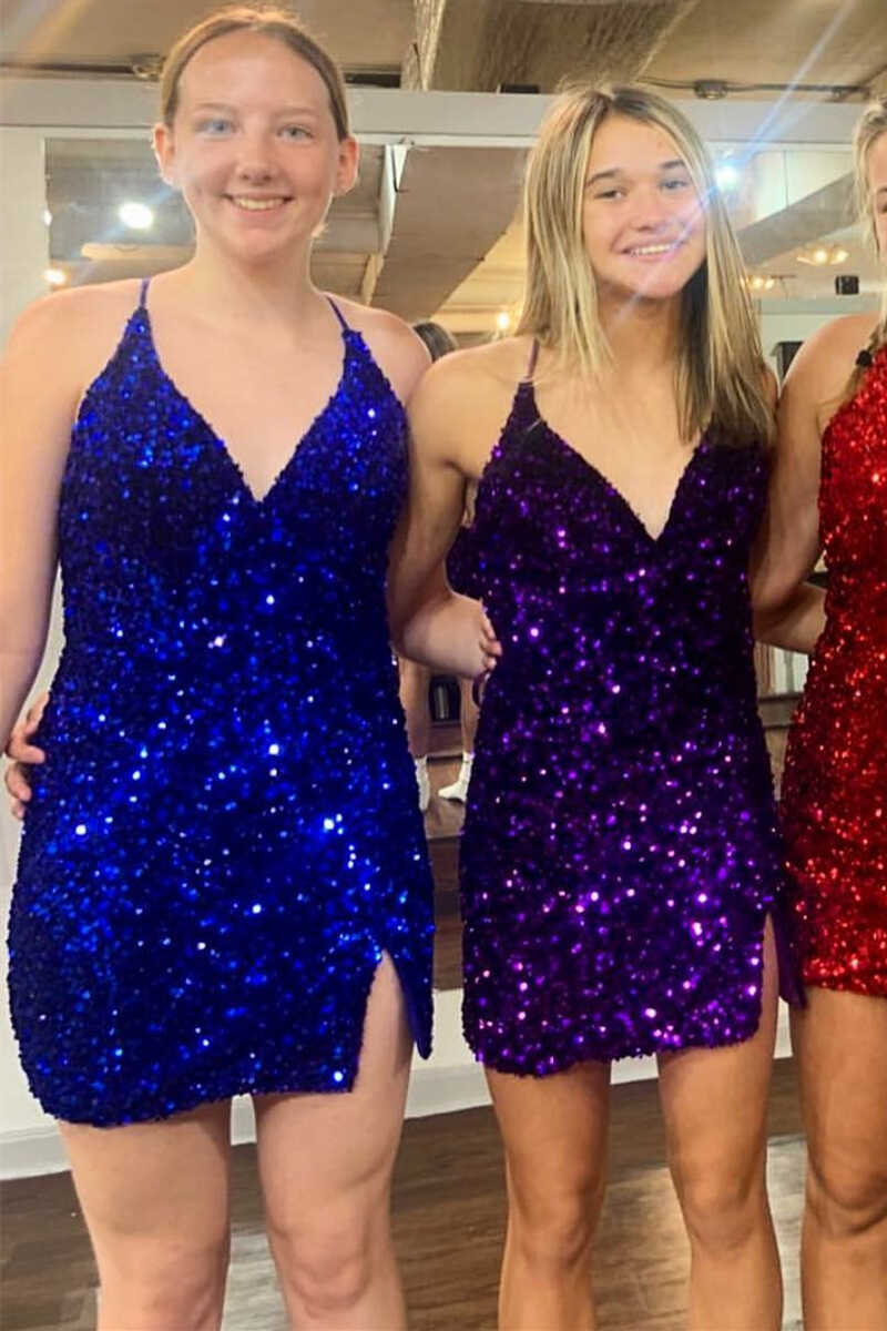 purple dresses sexy Sexy Purple Sequin V-Neck Short Bodycon Homecoming Dress – jkprom
