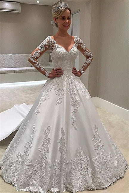 Designer Wedding Dresses with Long Sleeves,A Line Satin White Bridal Dress