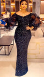 Sparkly Black Sequin Prom Dresses,Long Sleeve Holiday Gala Dress