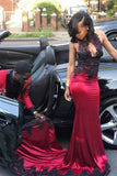Black Appliques Mermaid Long Prom Dresses with High Neckline