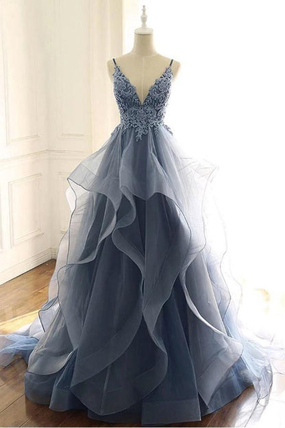 V Neck Ruffle Prom Dress Long A Line Special Occasion Dresses