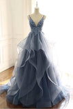 Blue Gray Lace V Neck Long Ruffles Prom Dress Open Backs Evening Dresses