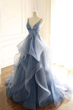 Blue Gray Lace V Neck Long Ruffles Prom Dress Open Backs Evening Dresses