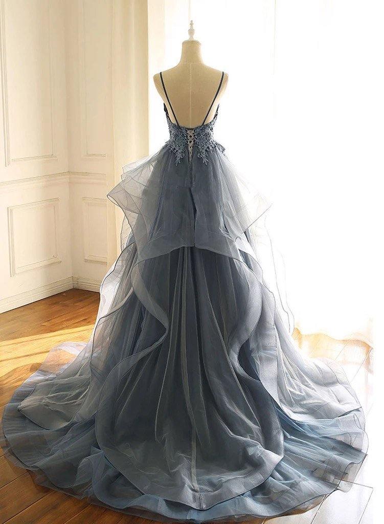 V Neck Ruffle Prom Dress Long A Line Special Occasion Dresses