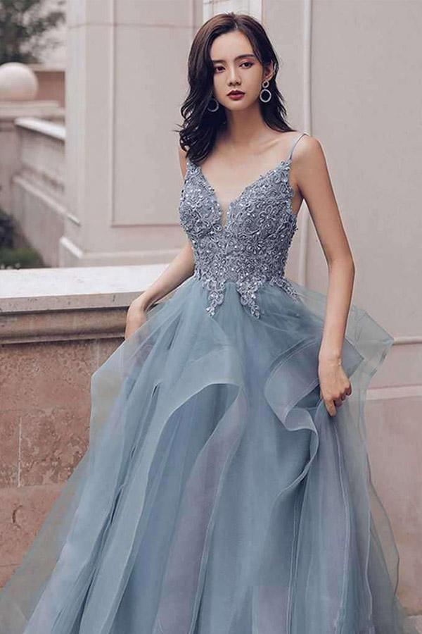 V Neck Ruffle Prom Dress Long A Line Special Occasion Dresses