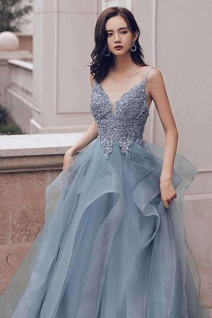 V Neck Ruffle Prom Dress Long A Line Special Occasion Dresses