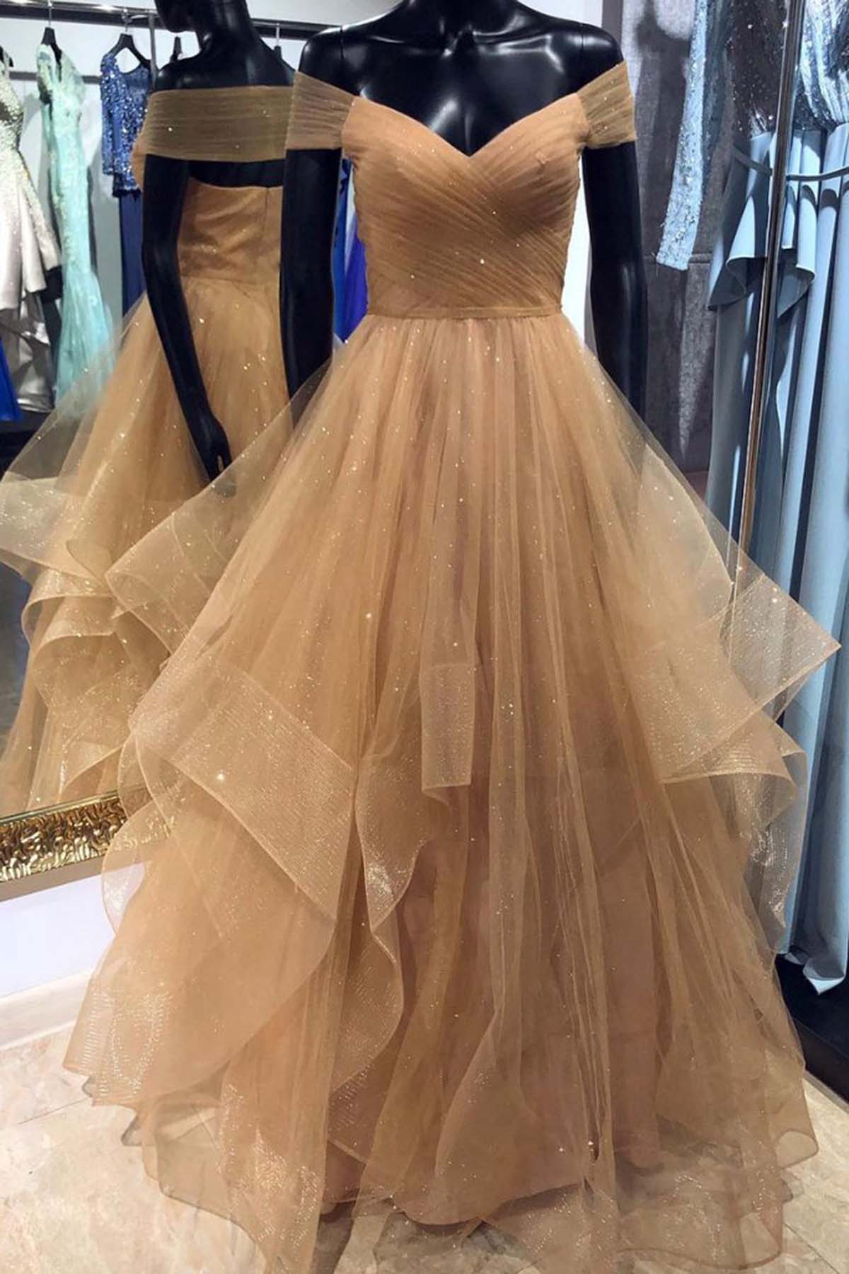 Brown Tulle Off-the-shoulder  Prom Dress with Layered Skirt