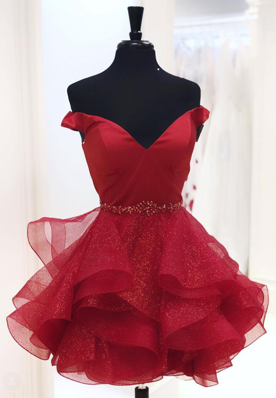 Red V-Neck Off the Shoulder Short Prom Dresses
