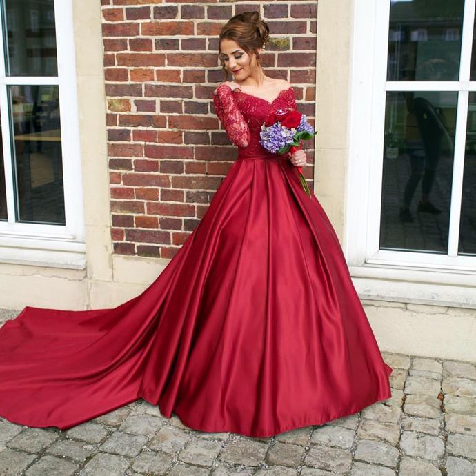 Burgundy Prom Dresses Beaded Lace Sleeves with Satin Skirt