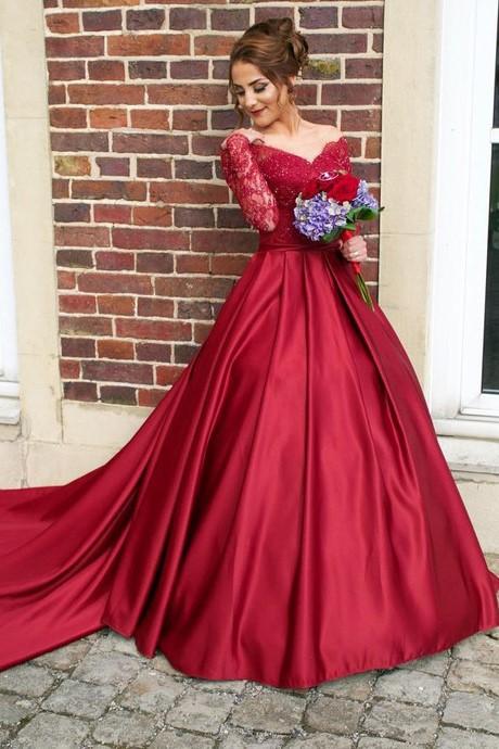 Burgundy Prom Dresses Beaded Lace Sleeves with Satin Skirt