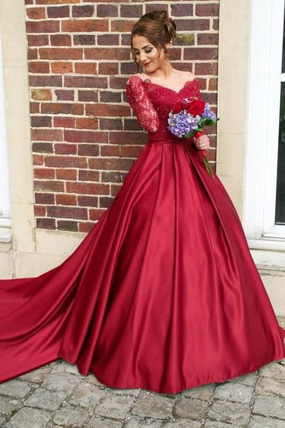 Burgundy Prom Dresses Beaded Lace Sleeves with Satin Skirt