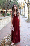 Burgundy Velvet Floor-Length Prom Dress Halter Neck