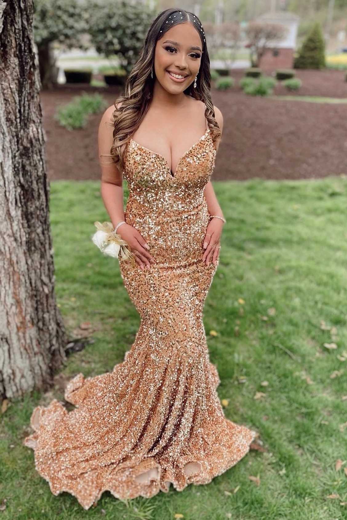 Gold Sequin V-Neck Mermaid Long Prom Gown,Best Prom Dresses – jkprom