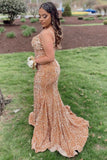 Gold Sequin V-Neck Lace-Up Mermaid Long Prom Gown,Best Prom Dresses