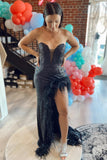 Light Blue Sequin Mermaid Prom Dresses with Feather,Black Holiday Gala Dress