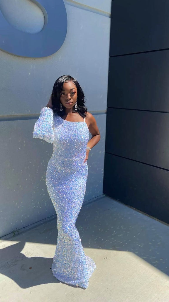 Sexy White Prom Dress Long One Sleeve Sequins Evening Dresses jkprom