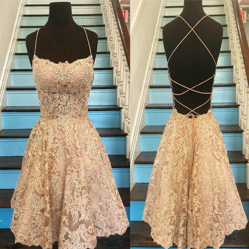 Unique Spaghetti Straps Crisscross Back A-Line Short Homecoming Dresses, Gold Lace Homecoming Dresses