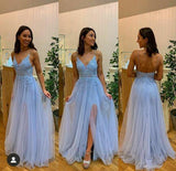 Charming Sexy Spaghetti Straps Evening Party Dress,Blue Appliques Long Prom Dress