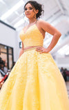 Two Piece Yellow Long Prom Dresses,Applique Lace Formal Evening Dress