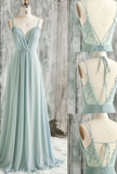 Simple Green V Neck Chiffon Long Prom Dress Lace Bridesmaid Dresses