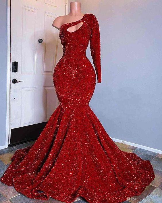 Red Sequined Black Girls Mermaid Prom Dresses 2022 Plus Size One Shoulder Long Sleeve Sequined Keyhole Prom Gowns