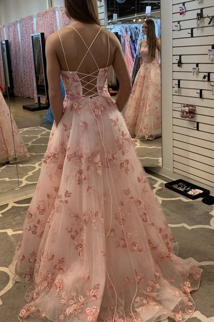 Pink Tulle Floral Long Prom Dresses A-line Graduation Gown With Pockets,Formal Dress