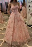 Pink Tulle Floral Long Prom Dresses A-line Graduation Gown With Pockets,Formal Dress