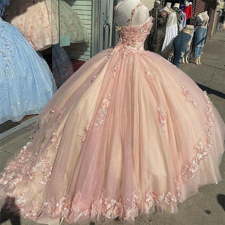 Pink Sparkly Quinceanera Prom Dresses Lace Flower Sweet 16 Tulle Party Ball Gown