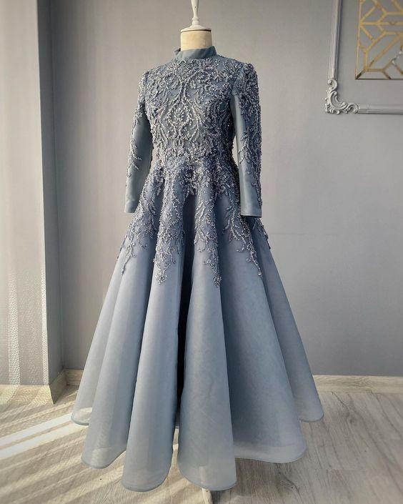 Royal blue prom dresses lace Beaded evening dress,Wedding Party Dress