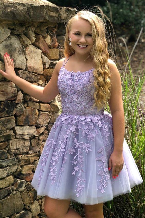 Lavender A-line Homecoming Dress Lace Applique Hoco Dress,Semi Formal Dress