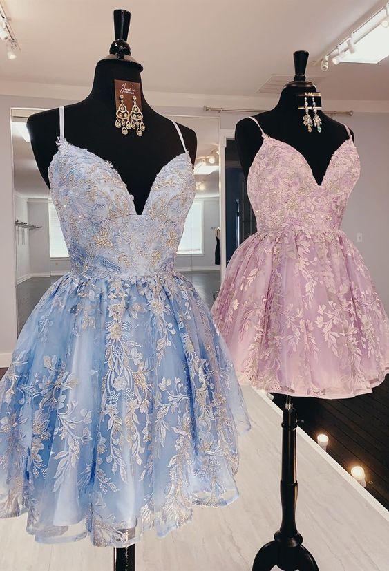 princess pink short homecoming dresses, light sky blue formal homecoming dresses, lace hoco dresses for teens