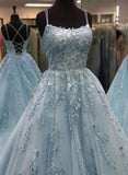 Blue tulle lace long prom dress, blue evening dresses
