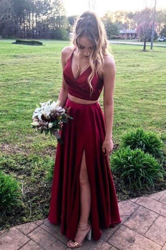 two piece burgundy long prom dresses,burgundy prom dresses with slit