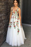 Elegant V Neck Prom Dresses with Flowers,Floor Length Formal Dress with Appliques