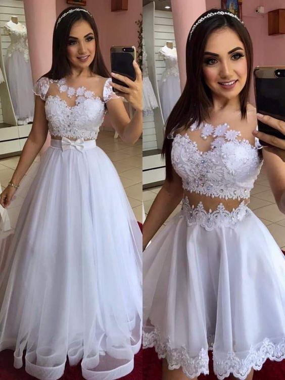 Two Pieces White prom Dresses With Lace,Long Wedding Dress