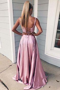 Two Piece Pink Long Prom Dresses For Teens, Chic A Line Party Dresses With High Splits,simple Garduation Dresses For Girls