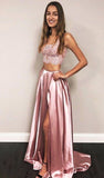 Two Piece Pink Long Prom Dresses For Teens, Chic A Line Party Dresses With High Splits,simple Garduation Dresses For Girls