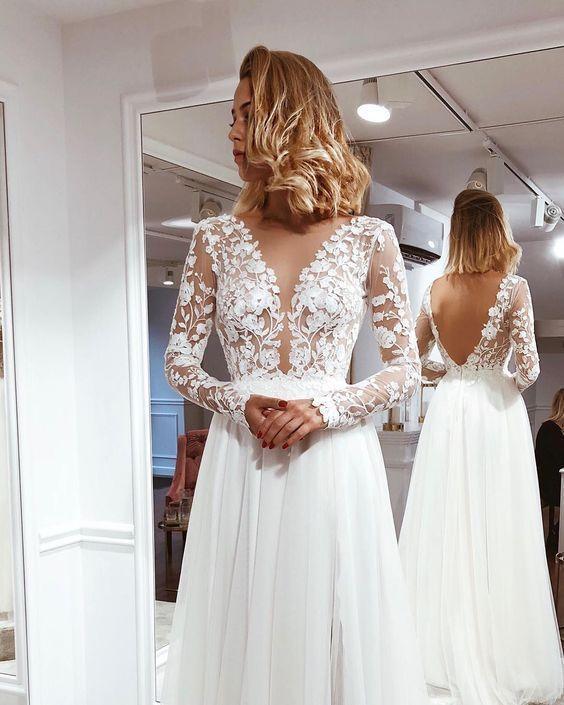 Beach A Line V Neck Open Back White Wedding Dresses,Lace Long Sleeves Bridal Gown,Evening Dress