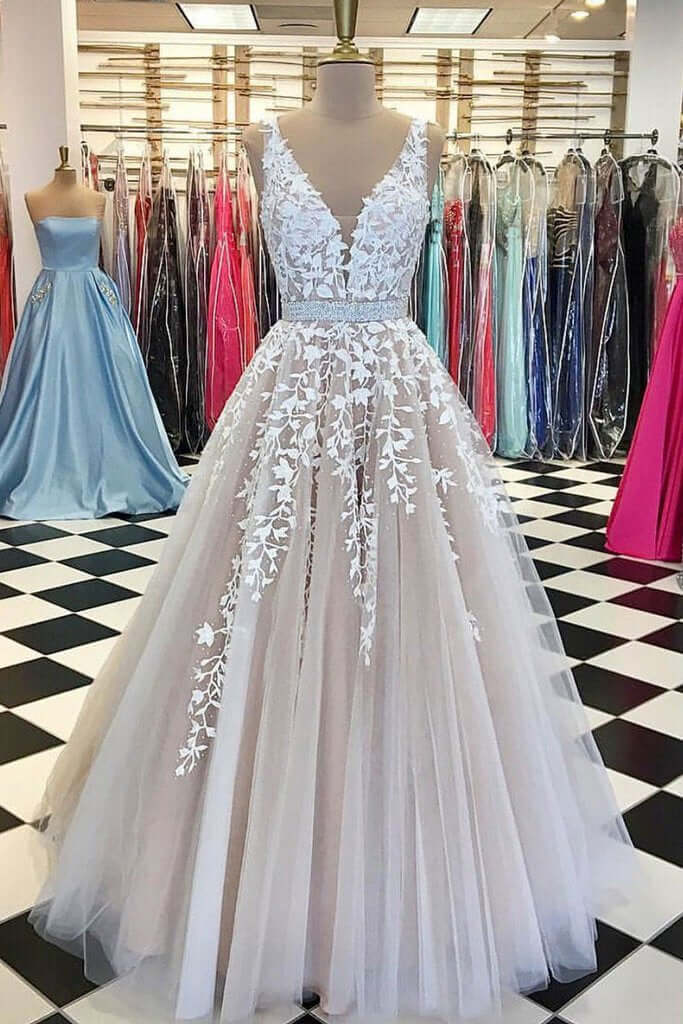 A Line Applique Tulle Prom Dress, Long V Neck Sleeveless Party Dress with Beading