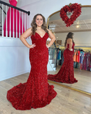Plus Size Mermaid Spaghetti Straps Sequins Long Prom Dress Red Elegant Evening Dresses