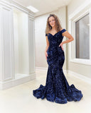 Off the Shoulder Royal blue Sequin Mermaid Long Prom Dresses
