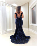 Off the Shoulder Royal blue Sequin Mermaid Long Prom Dresses