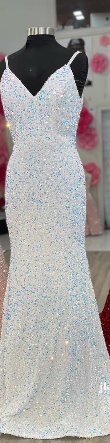Sparkly White Mermaid Prom Dress,Sequin Gala Dresses Elegant