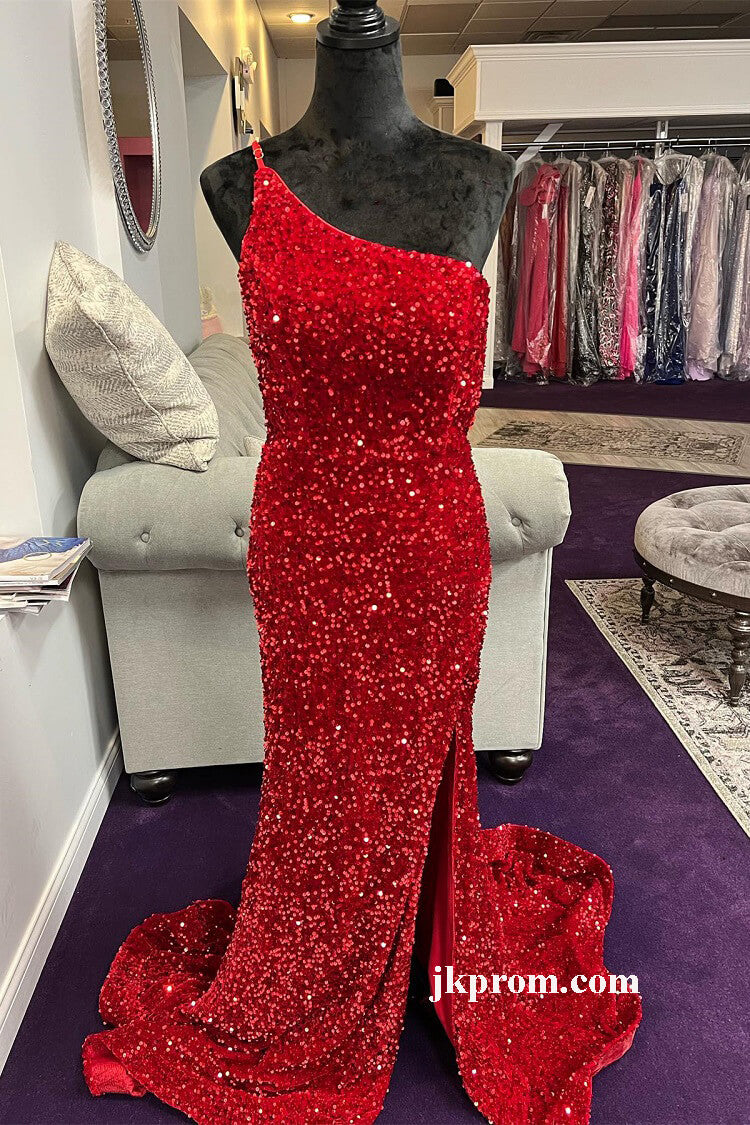 Glitter Red Prom Dress Long One Shoulder Formal Dresses – jkprom