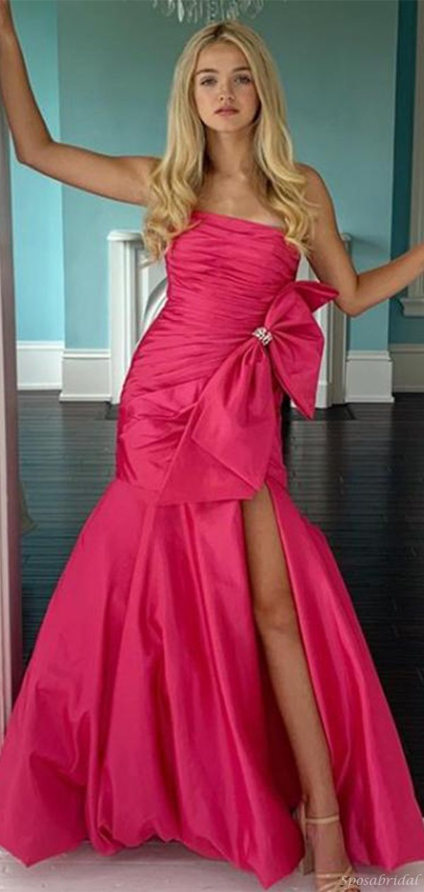 Cute Hot Pink Steaight-across Bow Tie Side-slit Mermaid Long Prom Dress