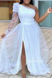 A Line One Long Sleeves Bridesmaid Dresses,Royal Blue Tulle For Women High Split Floor Length Wedding Guest Dress Party