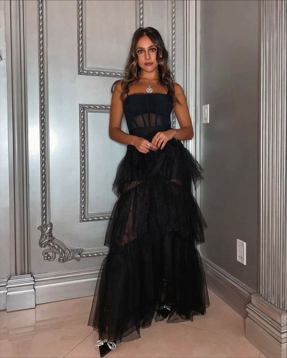 green emerald velvet dress Corset Ankle Length Prom Dress Tiered Black Evening Dresses – jkprom